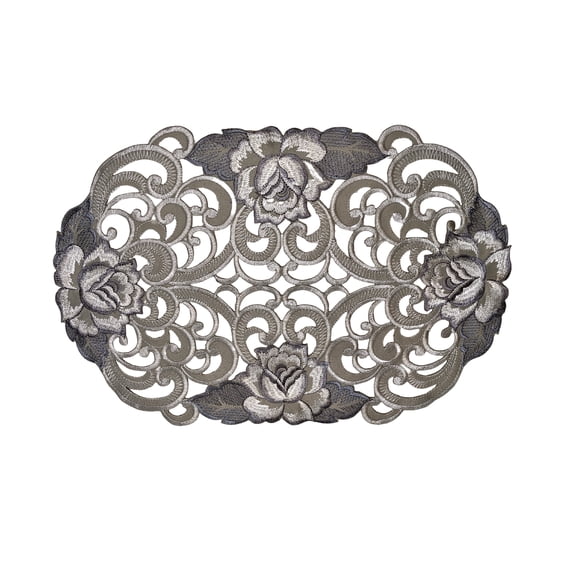 Embroidered Fabric Table Placemat with Cutwork Gray and Silver Roses, Size 28 x 14 inches