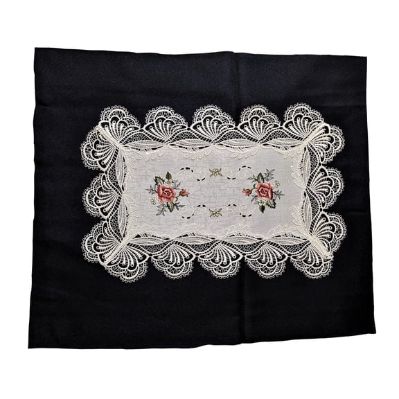 Embroidered Fabric Table Placemat with Pink Burgundy Roses on White Fabric with Lace Size 17 x 11 inches