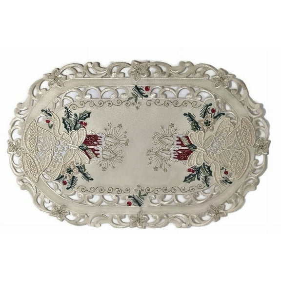 Doily Boutique Place Mat or Doily with Red Christmas Candles and Lace Bells on Fabric Size 17 x 11 inches
