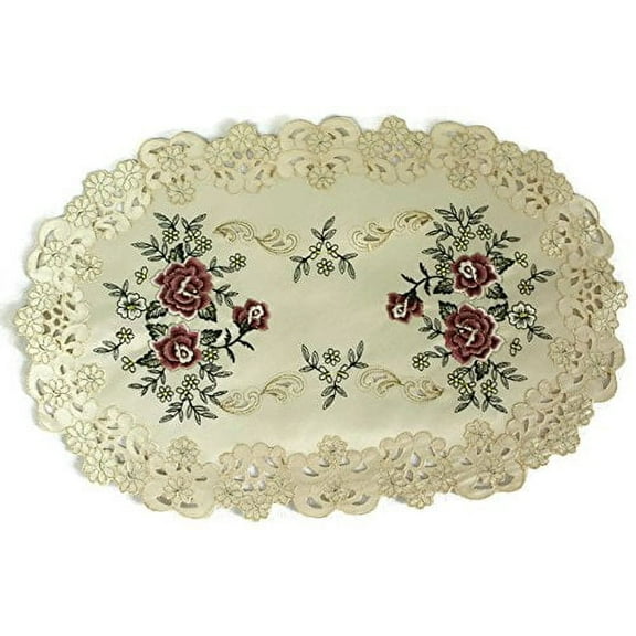 Doily Boutique Place Mat or Doily with a Red Burgundy Rose on Ivory Fabric, Size 17 x 11 inches