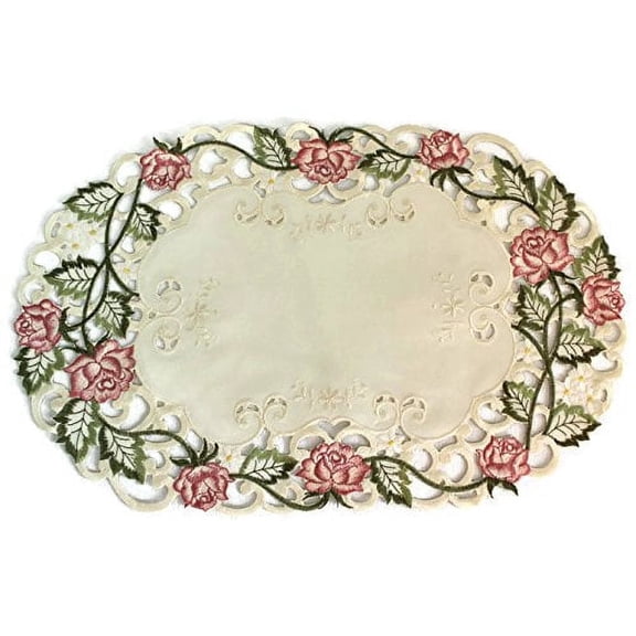 17" x 11" Embroidered Fabric Table Placemat with Victorian Pink Roses on Ivory Materuak