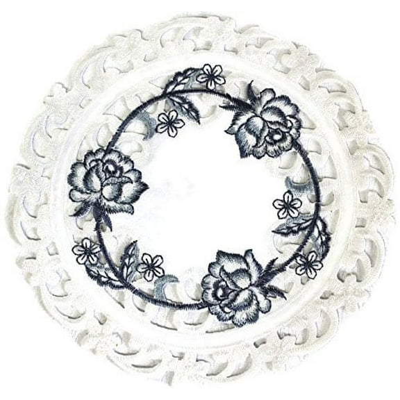 Doily Boutique Placemat or Doily with Blue Roses on Bleached White Fabric, Size 15 inches
