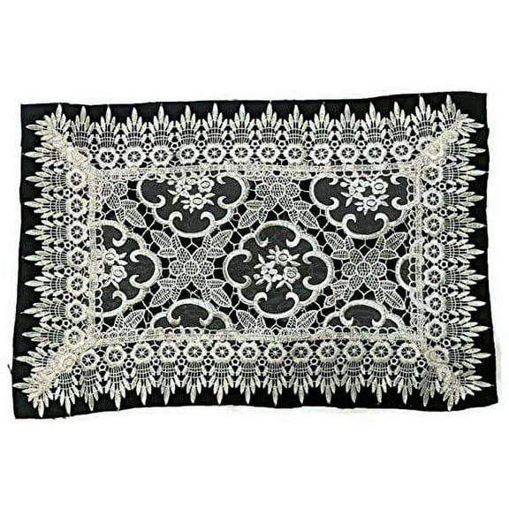 Doily Boutique Placemat or Doily with Flowers on Sheer Fabric and Lace, Size 14 x 27 inches