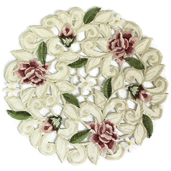 7" Round Fabric Embroidered Fabric Doily with Light Pink Cut Work Roses