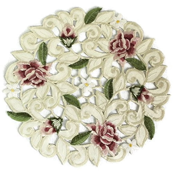 Doily Boutique Round Embroidered Fabric Doily with Light Pink Cut Work Roses, Size 7 inches