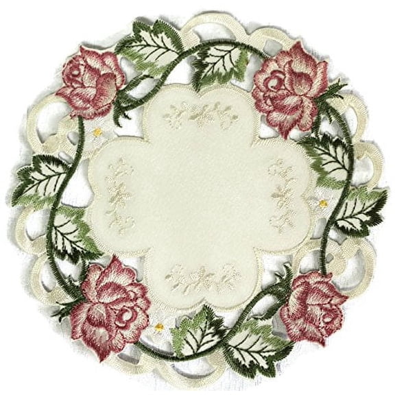 Embroidered Round Fabric Doily Embroidered with Victorian Pink Roses on Ivory Material, Size 11 inches
