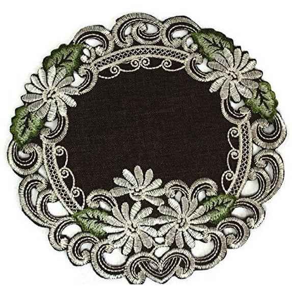 Doily Boutique Round Doily Embroidered with White Daisy Flowers on Brown Burlap Style Linen Fabric, Size 23 inches