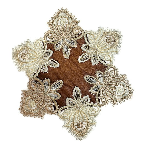 Doily Boutique Round Doily in Gold Vintage Lace and Microsuede Brown Fabric Handmade, Size 11 inches