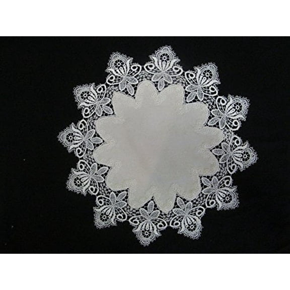 Doily Boutique Round Doily or Placemat in Antique White Vintage Lace and Fabric Handmade Size 18 inches