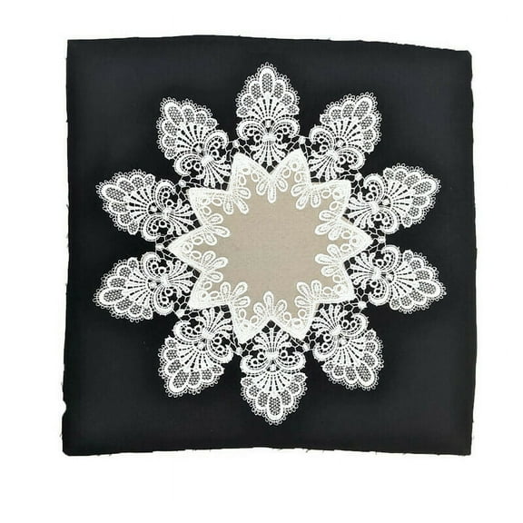 Doily Boutique Round Doily or Placemat in Venetian Lace and Light Brown Burlap Linen Type Fabric Handmade Size 16 inches