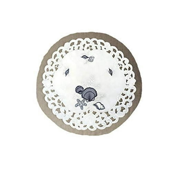 Doily Boutique Round Doily with Blue Seashells on White Fabric, Size 23 inches