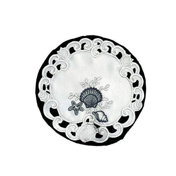 Doily Boutique Round Doily with Blue Seashells on White Fabric, Size 7 inches