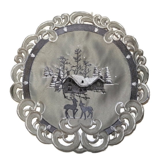 Doily Boutique Round Embroidered Doily with Christmas Gray and Silver Reindeers on Fabric Size 23 inches