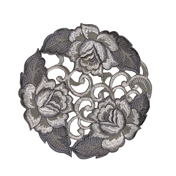 Doily Boutique Embroidered Round Fabric Doily with Cutwork Gray and Silver Roses on Material Size 7 inches