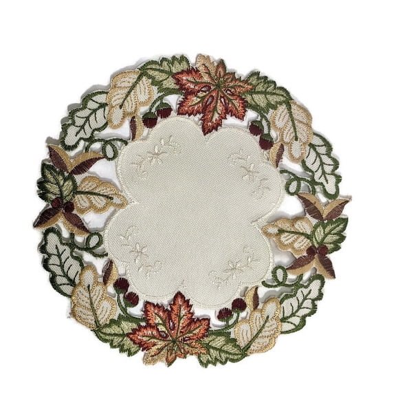 Doily Boutique Embroidered Round Fabric Doily with Fall Maple Leaves on Ivory Material Size 11 inches