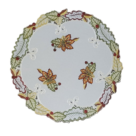 Doily Boutique 15" Embroidered Round Fabric Table Placemat with Fall Maple Leaves on Ivory Material