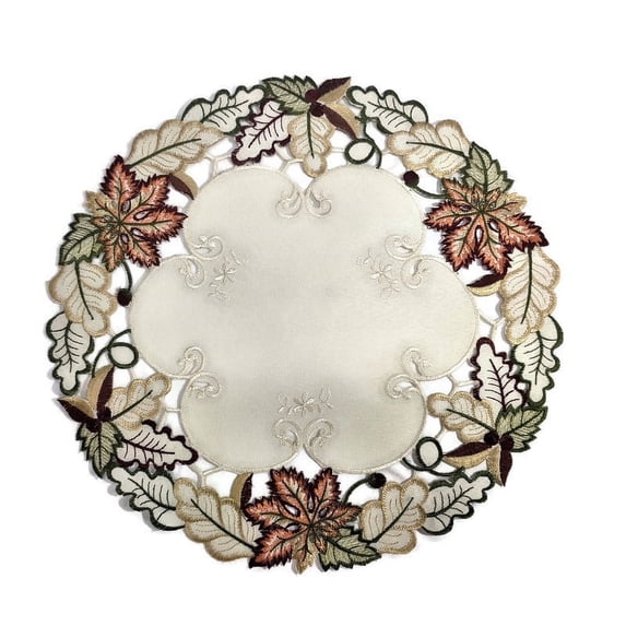 Doily Boutique Round Doily with Fall Maple Leaves on Ivory Fabric Size 15 inches