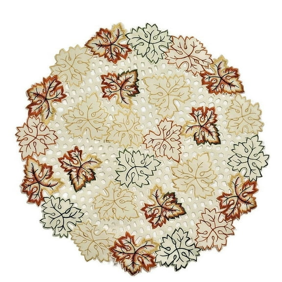 Doily Boutique Round Doily with Fall Maple Leaves on Ivory Fabric Size 23 inches