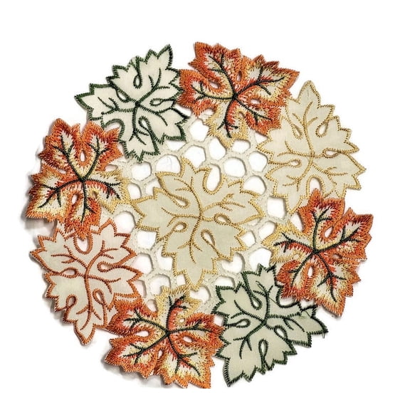 Doily Boutique Round Doily with Fall Maple Leaves on Ivory Fabric Size 7 inches