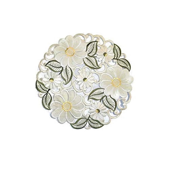 11" Round Fabric Embroidered Doily with Large Yellow Daisies