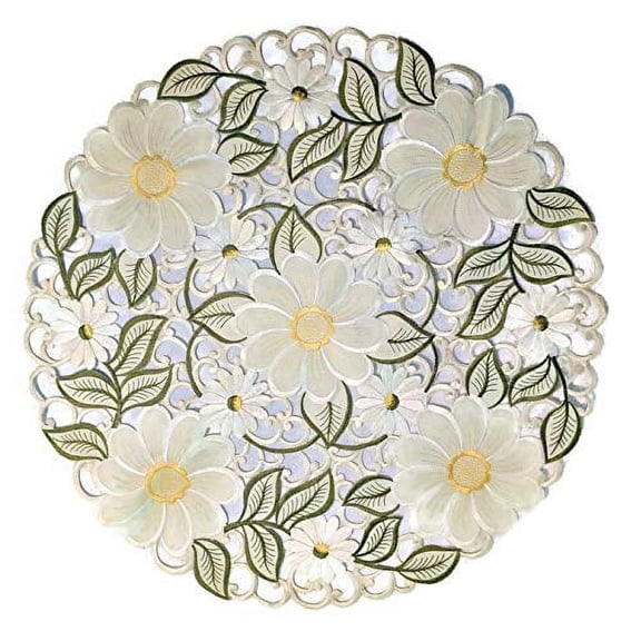 Doily Boutique Embroidered Round Fabric Doily with Large Yellow Daisies, Size 23 Inches