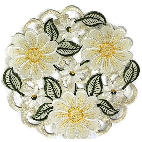 7" Round Fabric Embroidered Doily with Large Yellow Daisies, Size 7 inches