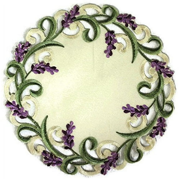 Doily Boutique Round Doily with Purple Lavender Lilac Flowers on Antique White Fabric Size 7 inches