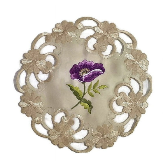 Doily Boutique Round Doily with Purple Poppy Flowers on Ivory Fabric, Size 7 inches