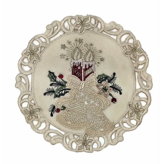 Doily Boutique Christmas Round Embroidered Doily with Red Candles and Lace Bells on Fabric Size 11 inches