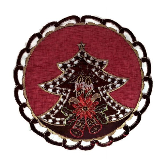 7" Round Fabric Embroidered Doily with Red Christmas Tree on Sheer Material