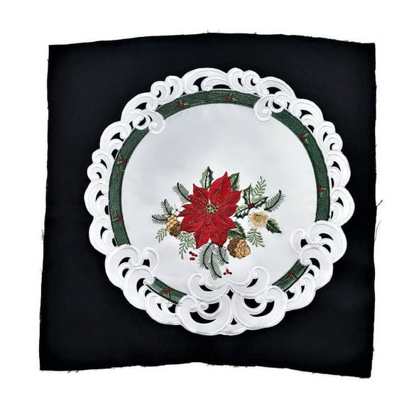 Doily Boutique Round Doily with Red Poinsettia on White Fabric Size 11 inches