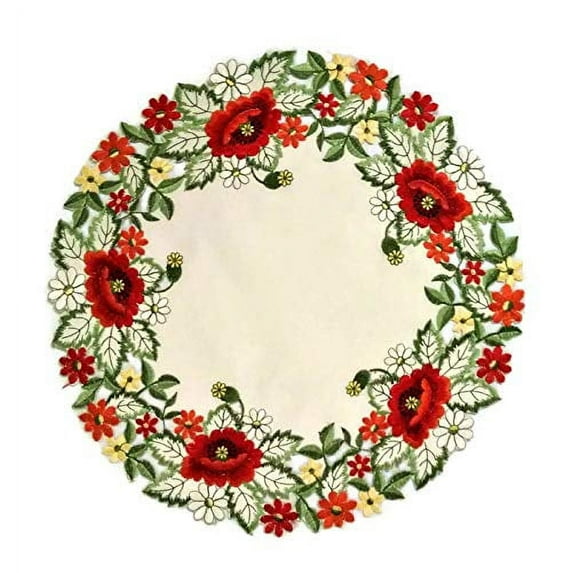 Doily Boutique Round Doily with Red Poppy Flowers on Antique White Fabric, Size 23 inches