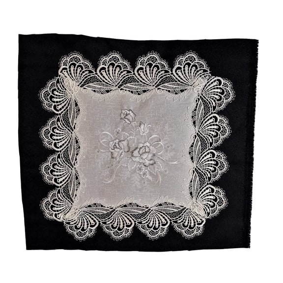Doily Boutique Square Doily with Gray, Silver, and White Roses on Material with Lace Size 24 inches