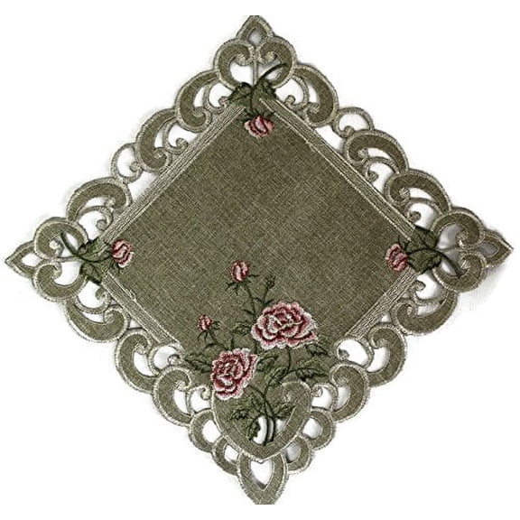 23" Square Fabric Embroidered Doily with Pink Roses on Sage Green Burlap Linen Material
