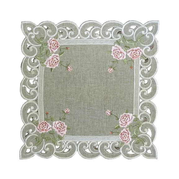 15" Embroidered Square Fabric Table Placemat with a Pink Rose and Sage Green Burlap Linen Material