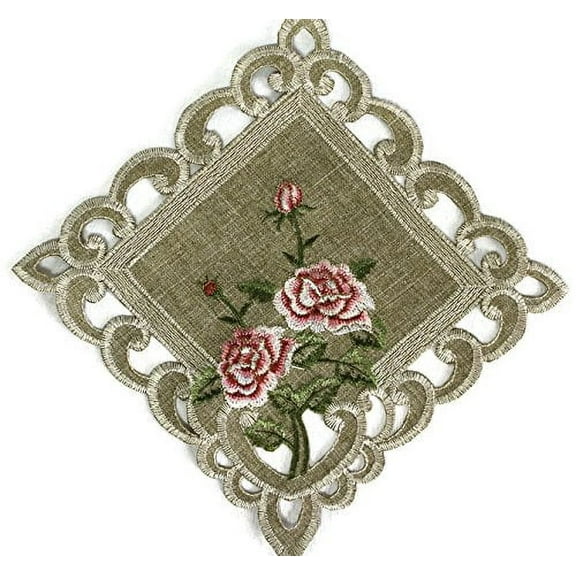 Doily Boutique Square Doily with a Pink Rose and Sage Green Burlap Linen Fabric, Size 7 inches