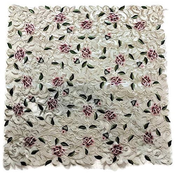 Square Embroidered Tablecloth with Light Pink Cut Work Roses, Size 34 inches