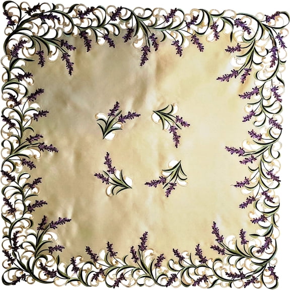 Square Embroidered Tablecloth with Purple Lavender Lilac Flowers on Antique White Fabric Size 34 inches
