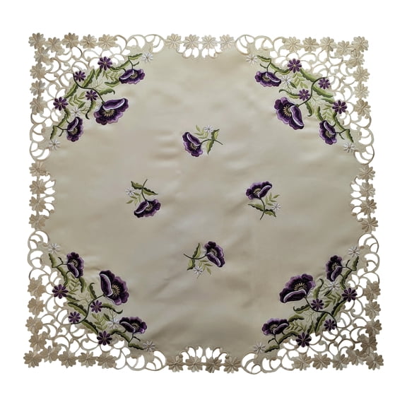 Square Embroidered Tablecloth with Purple Poppy Flowers on Ivory Fabric Size 34 inches
