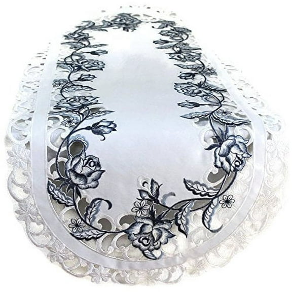 Doily Boutique Table Runner Embroidered with Blue Roses on Bleached White Fabric, Size 54 x 15 inches