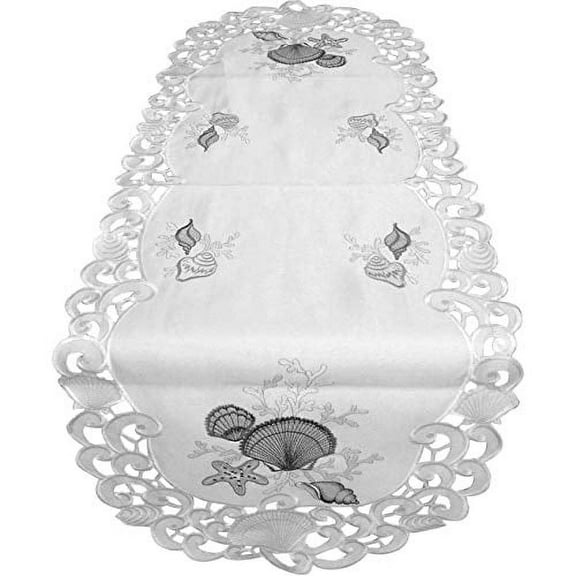 Doily Boutique Table Runner Embroidered with Blue Seashells on Bleached White Fabric, Size 34 x 15 inches