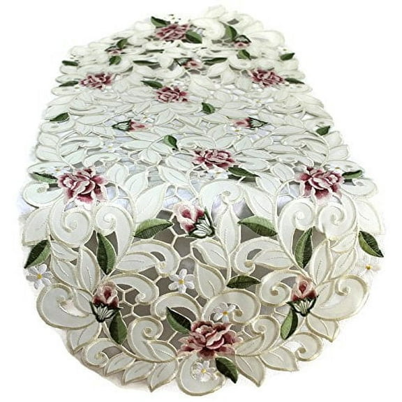 Doily Boutique Table Runner Embroidered with Light Pink Cut Work Roses, Size 44 x 15 inches