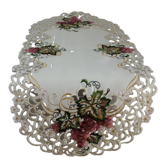 Doily Boutique Table Runner Embroidered with Red Purple Grapes on Ivory Fabric, Size 34 x 15 inches