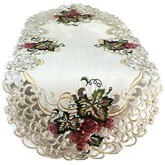 Doily Boutique Table Runner Embroidered with Red Purple Grapes on Ivory Fabric, Size 34 x 15 inches