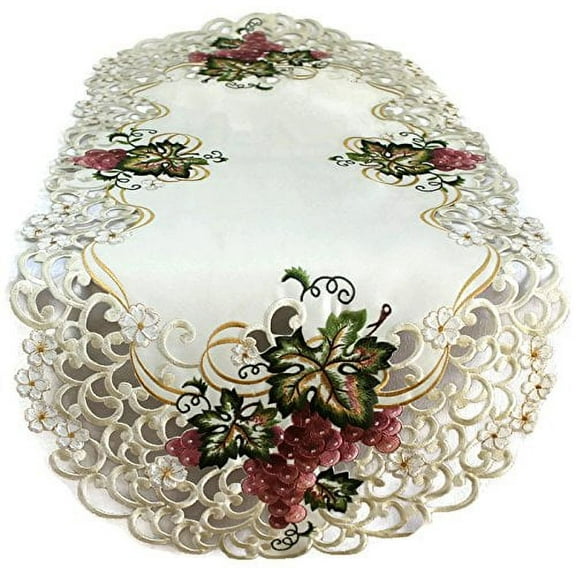 Doily Boutique Table Runner Embroidered with Red Purple Grapes on Ivory Fabric, Size 34 x 15 inches