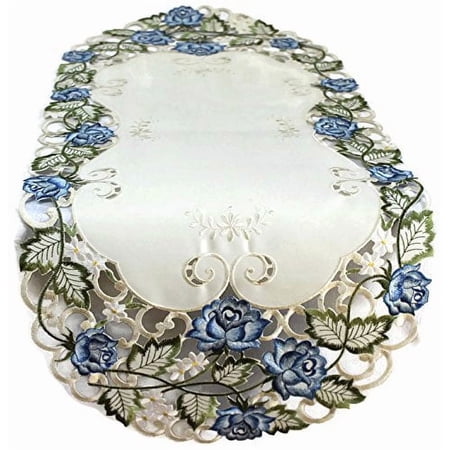 Table Runner Embroidered with Victorian Blue Roses on Ivory Fabric, Size 34 x 15 inches price history and forecast - Doily Boutique