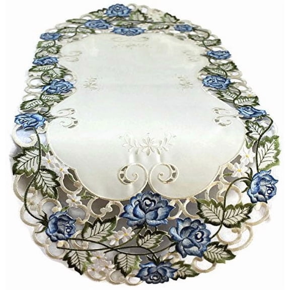 Table Runner Embroidered with Victorian Blue Roses on Ivory Fabric, Size 34 x 15 inches