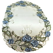 Doily Boutique Table Runner Embroidered with Victorian Blue Roses on Ivory Fabric, Size 34 x 15 inches