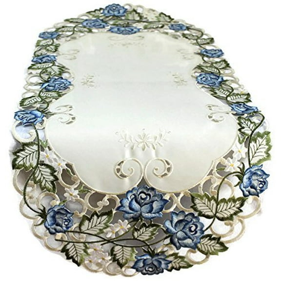 Doily Boutique Table Runner Embroidered with Victorian Blue Roses on Ivory Fabric, Size 70 x 15 inches