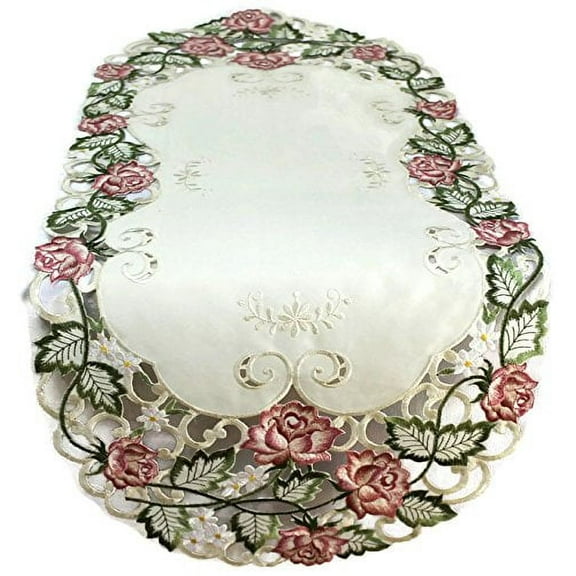 Doily Boutique Table Runner Embroidered with Victorian Pink Roses on Ivory Fabric, Size 34 x 15 inches